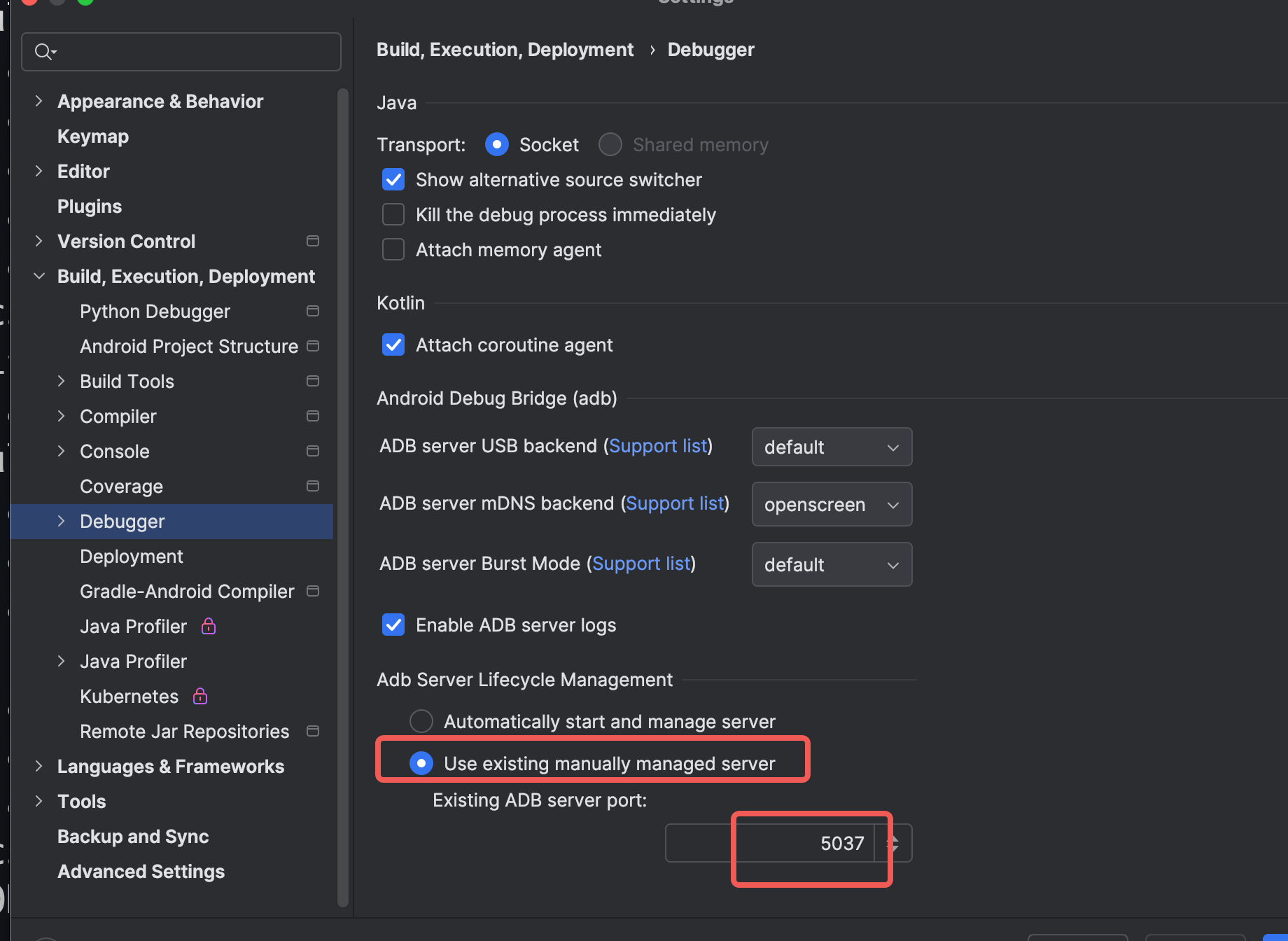 android studio adb config